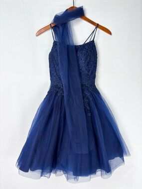 NOX Anabel Lace Embroidered Straight Neckline Tulle Dress Blue Size 2